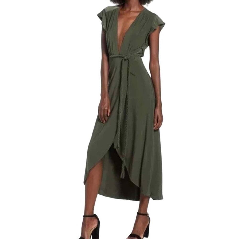 NEW MISA Los Angeles Dress Maxi Green Knit Braided Belt Wrap Belt V-Neck M